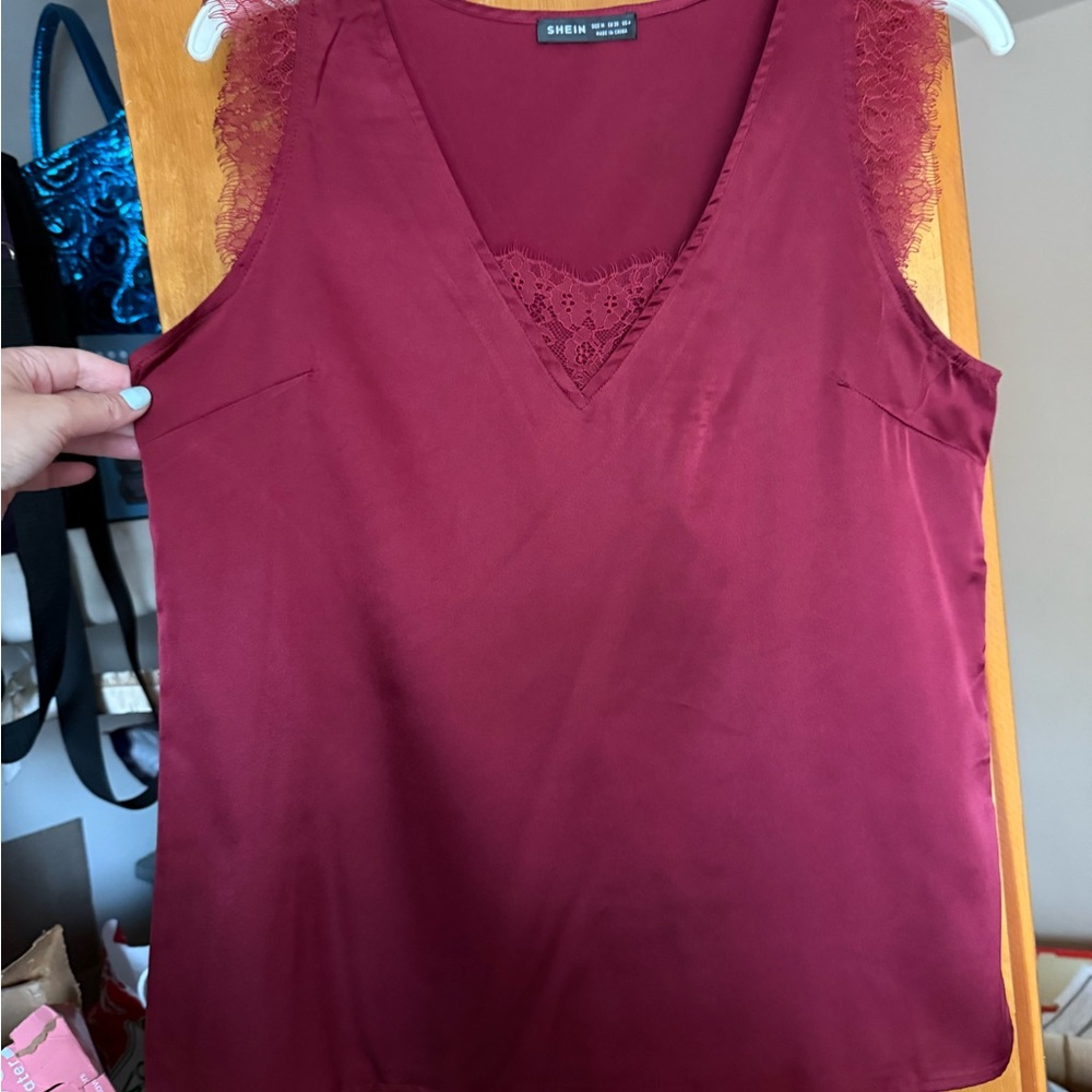 SHEIN Crimson Sleeveless Tank with Lace Embellishments